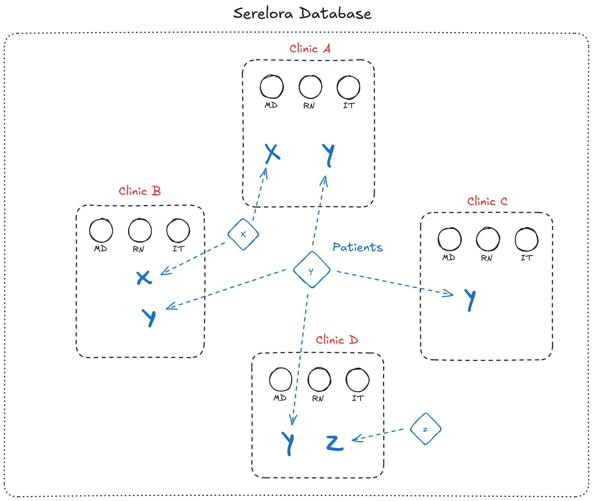 Serelora Database — Clinics A–D and Patients with data flow (X, Y, Z)